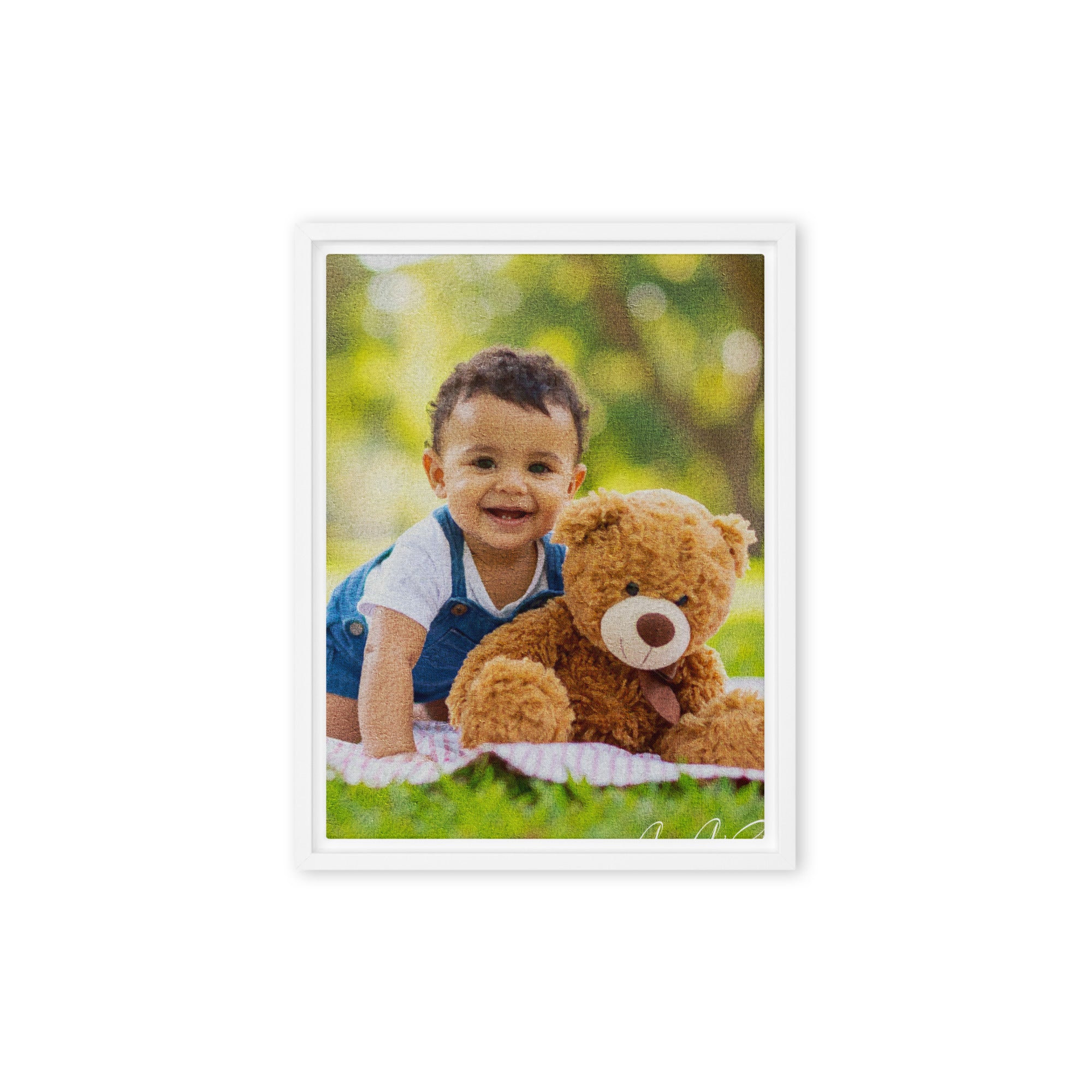 Custom baby portrait oil painting style framed canvas print nursery wall art gift - room mockup