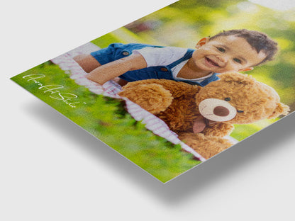 Custom baby portrait transformed into oil painting style HD glossy metal print nursery wall art
