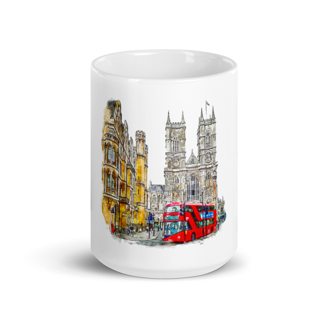 European City Mug London – watercolor illustration of Westminster and red double-decker bus