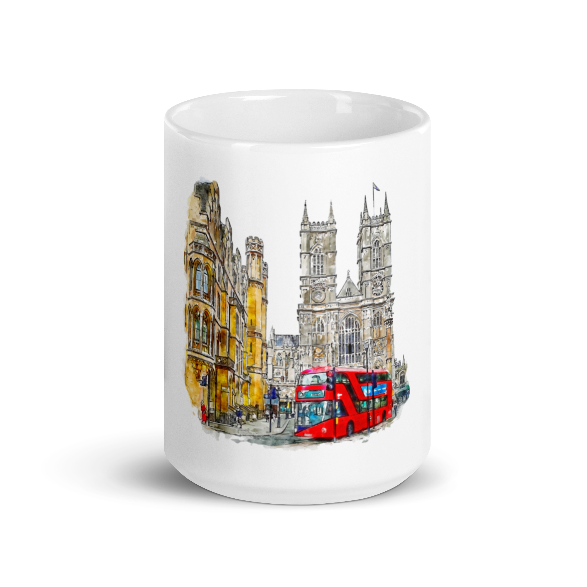European City Mug London – watercolor illustration of Westminster and red double-decker bus