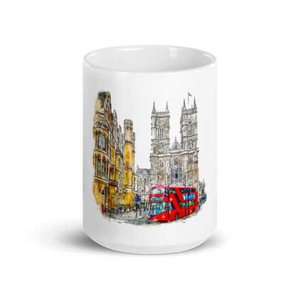 European City Mug London – watercolor illustration of Westminster and red double-decker bus