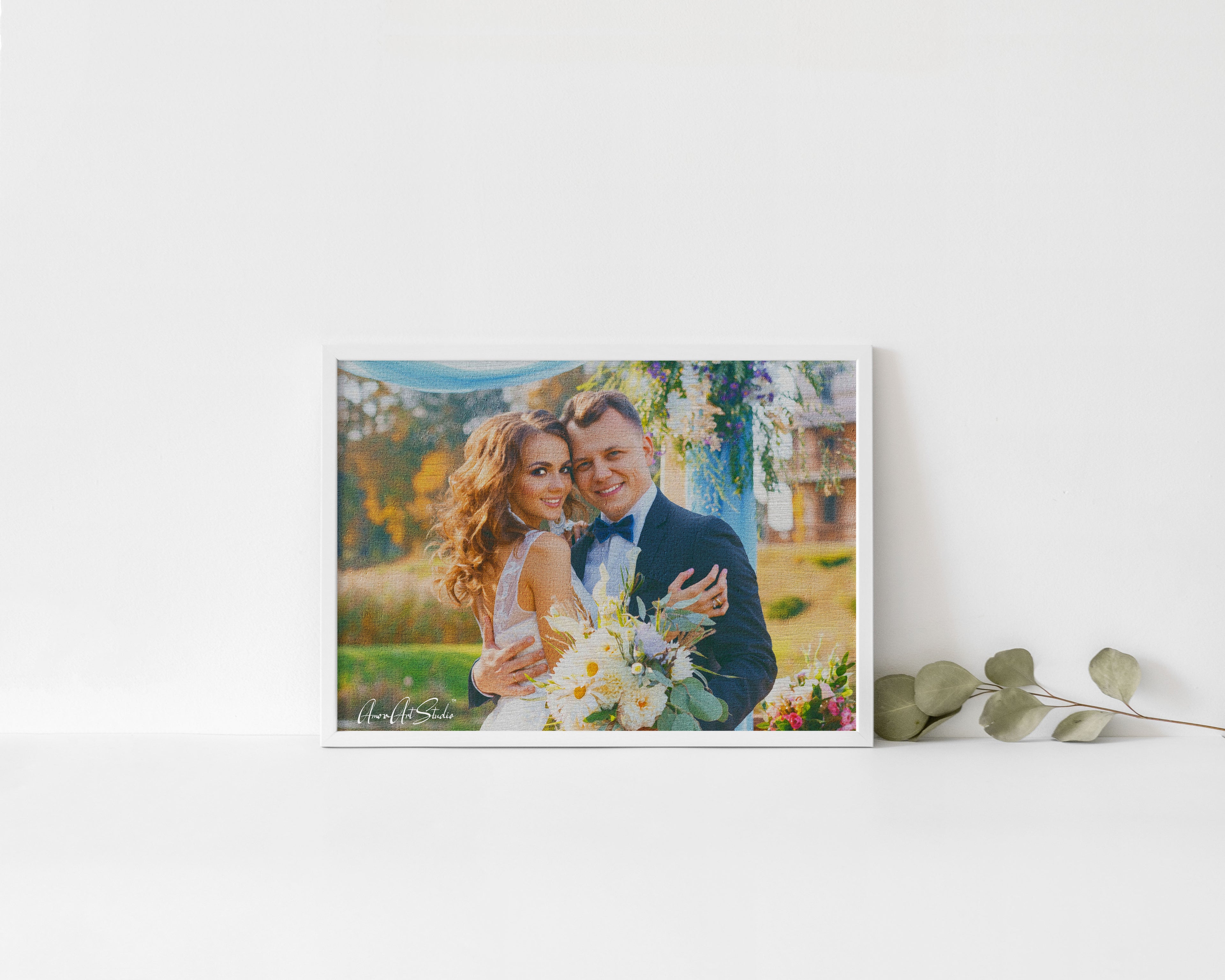 Custom wedding photo transformed into oil painting style framed poster print anniversary gift