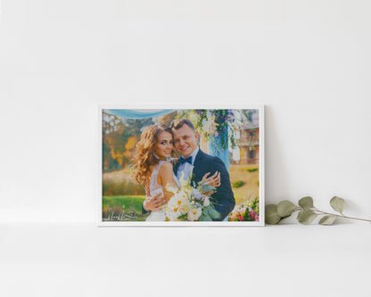 Custom wedding photo transformed into oil painting style framed poster print anniversary gift