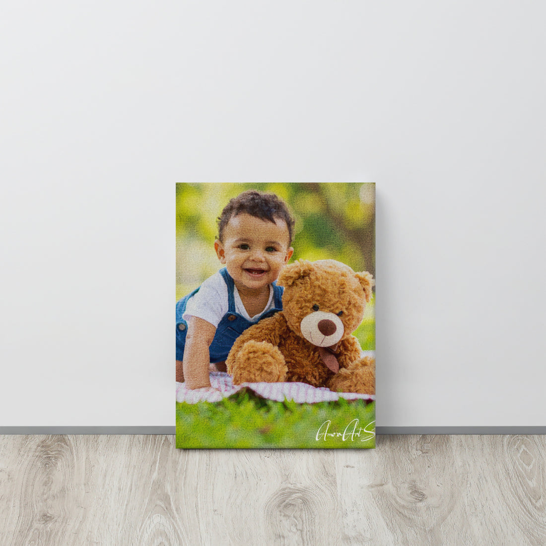 Custom baby portrait photo transformed into oil painting style canvas print nursery wall art - room mockup