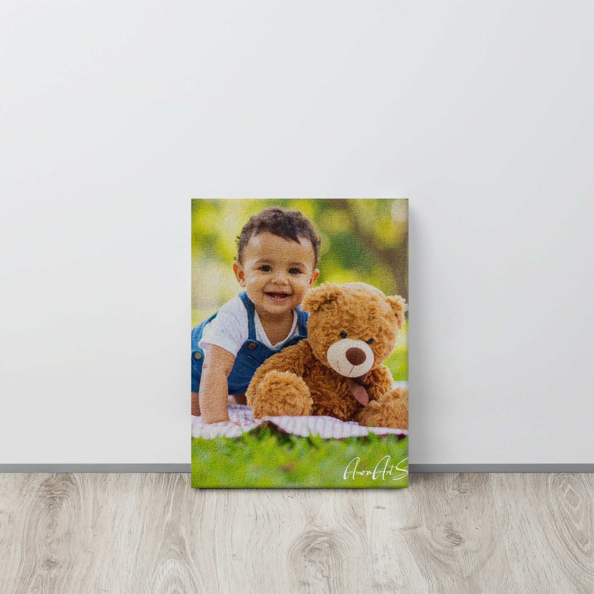 Custom baby portrait photo transformed into oil painting style canvas print nursery wall art - room mockup
