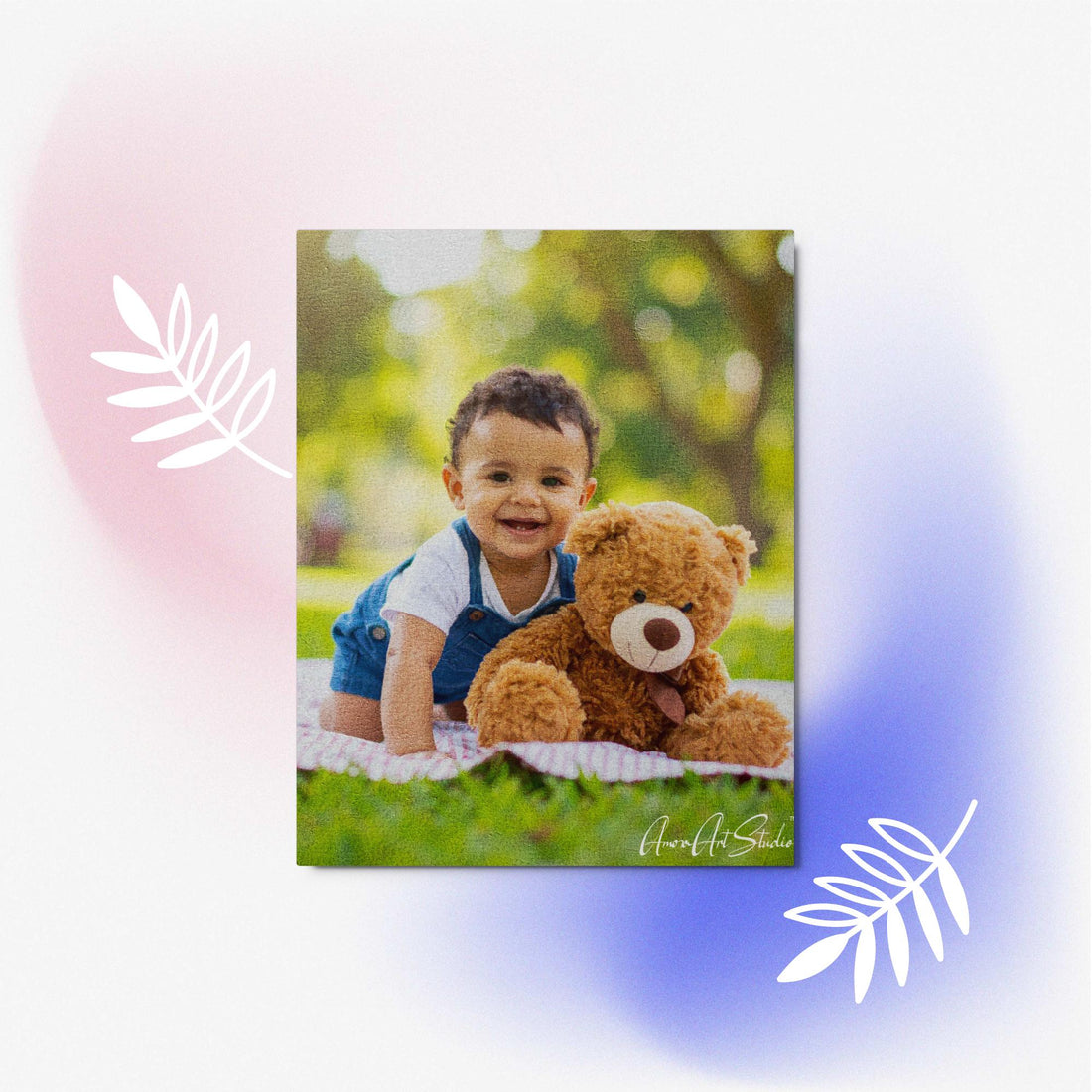 Custom baby portrait transformed into oil painting style HD glossy metal print nursery wall art