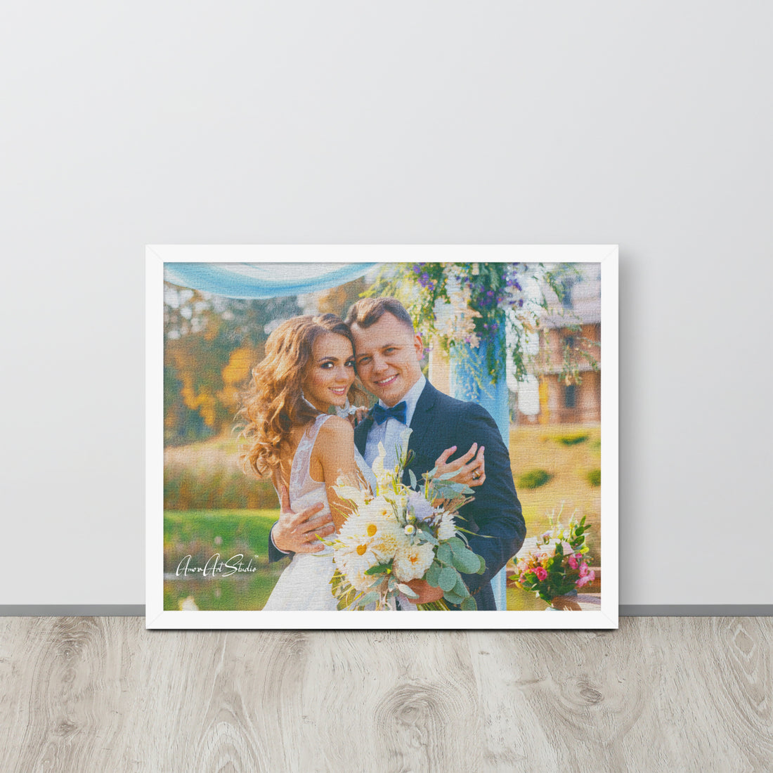Custom wedding photo transformed into oil painting style framed poster print anniversary gift- room mockup