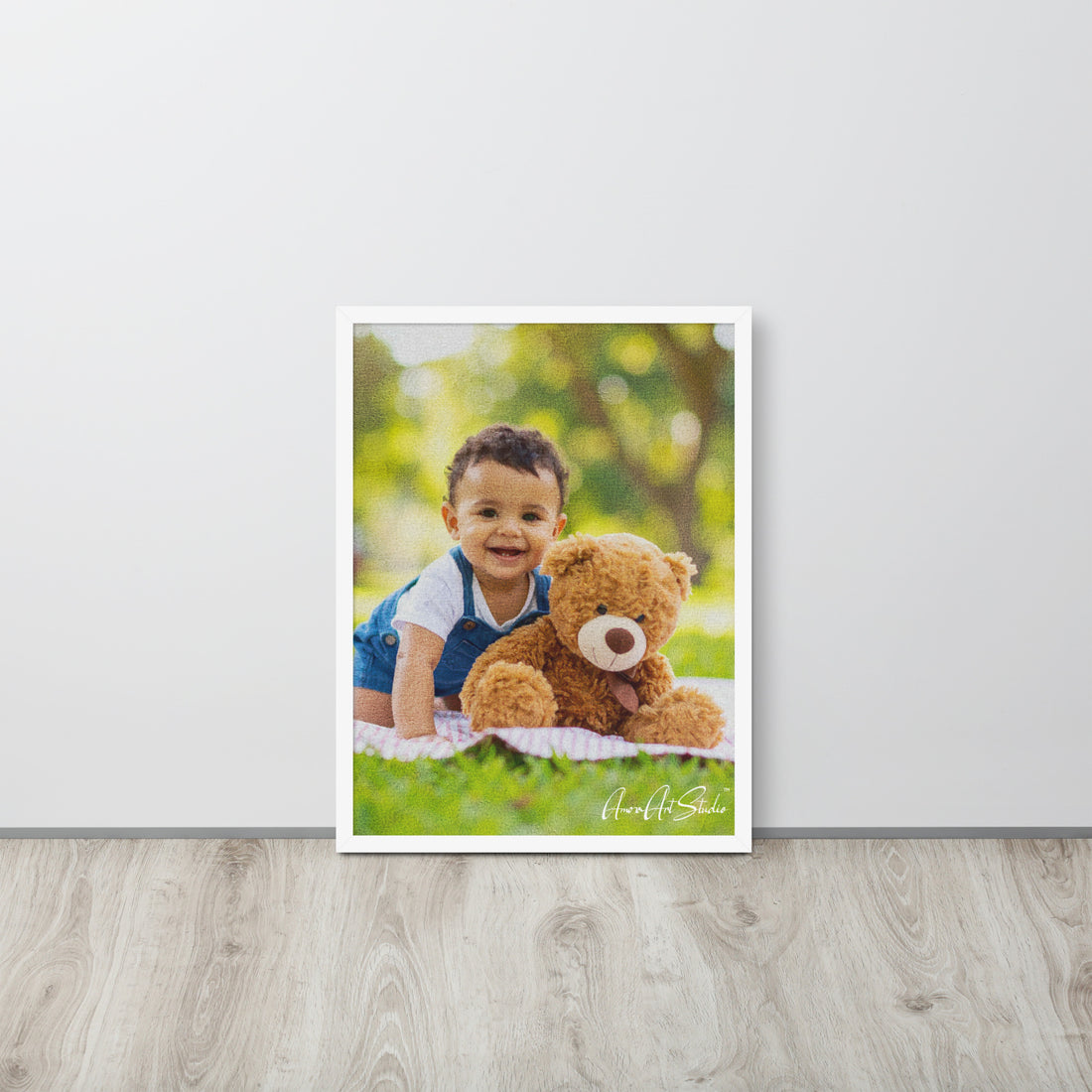 Custom baby portrait transformed into oil painting style framed poster print nursery wall art gift - room mockup
