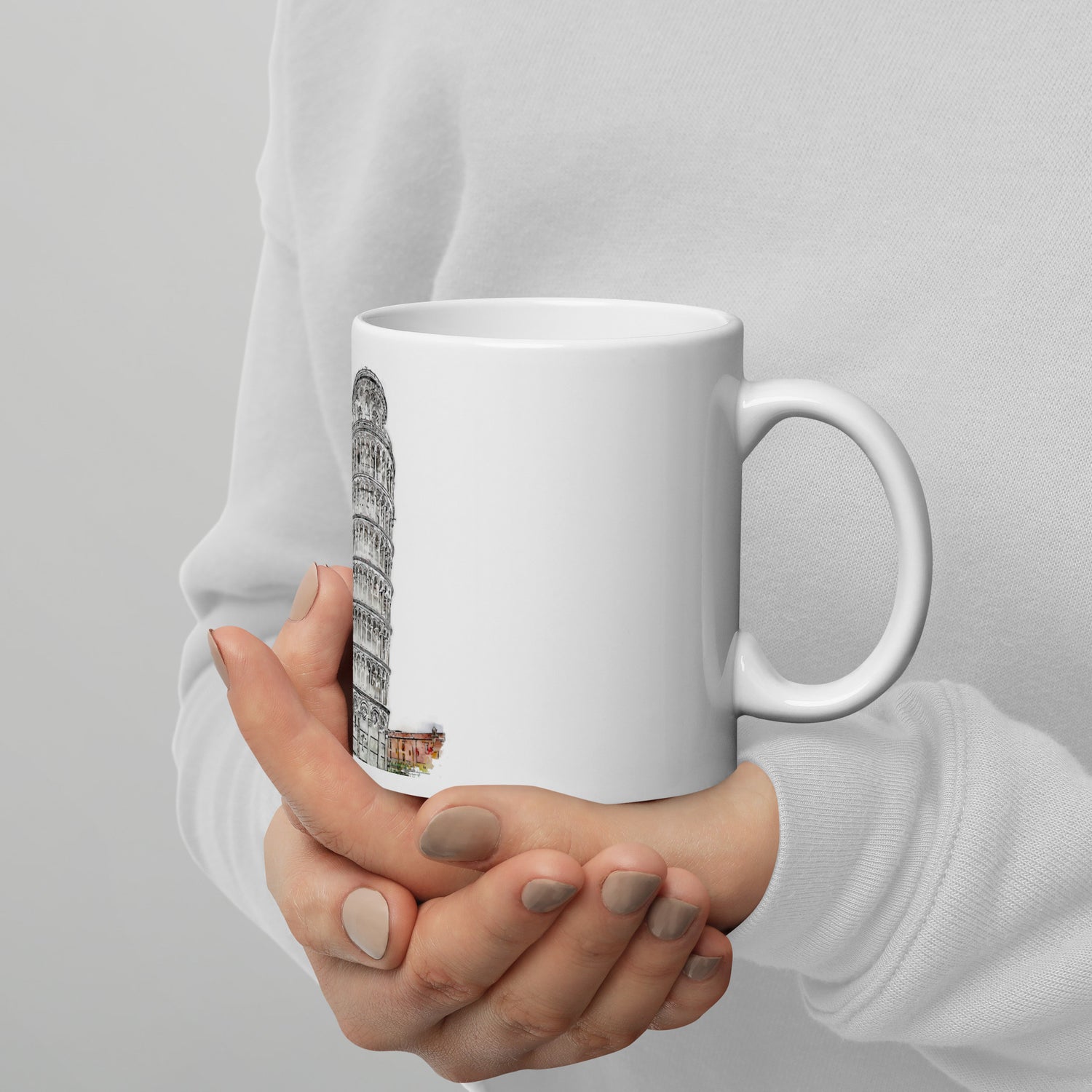 uropean City Mug Pisa – 11oz white ceramic travel gift mug held in hand