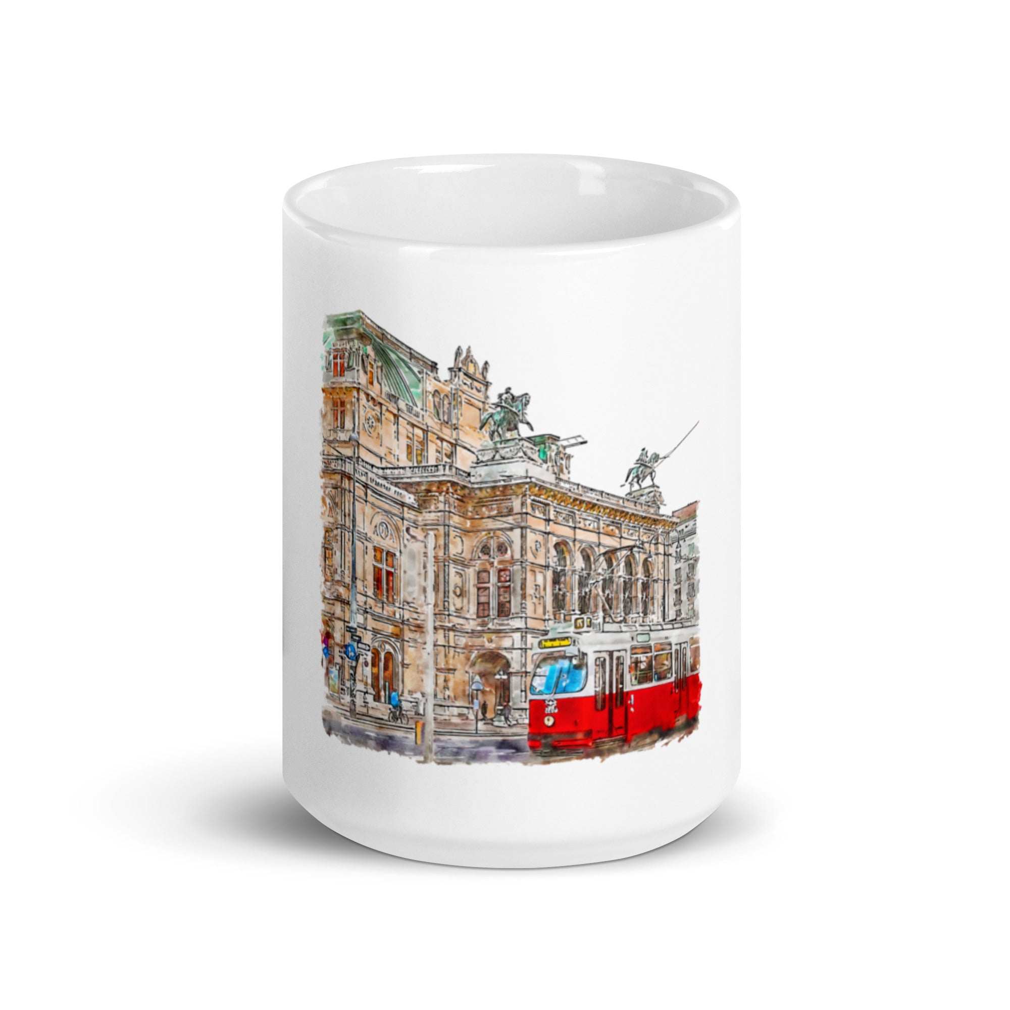European City Mug Vienna – watercolor illustration of Vienna State Opera and red tram