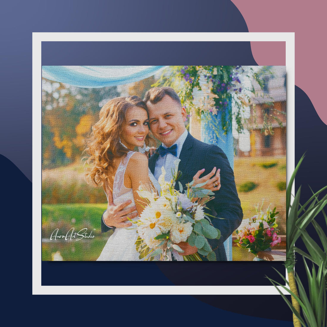 Custom wedding photo transformed into oil painting style HD glossy metal print anniversary gift - room mockup