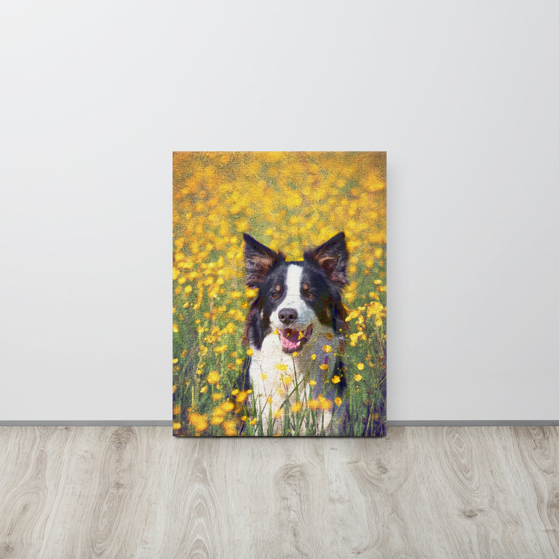 Custom pet portrait photo transformed into oil painting style canvas print pet lover gift - room mockup
