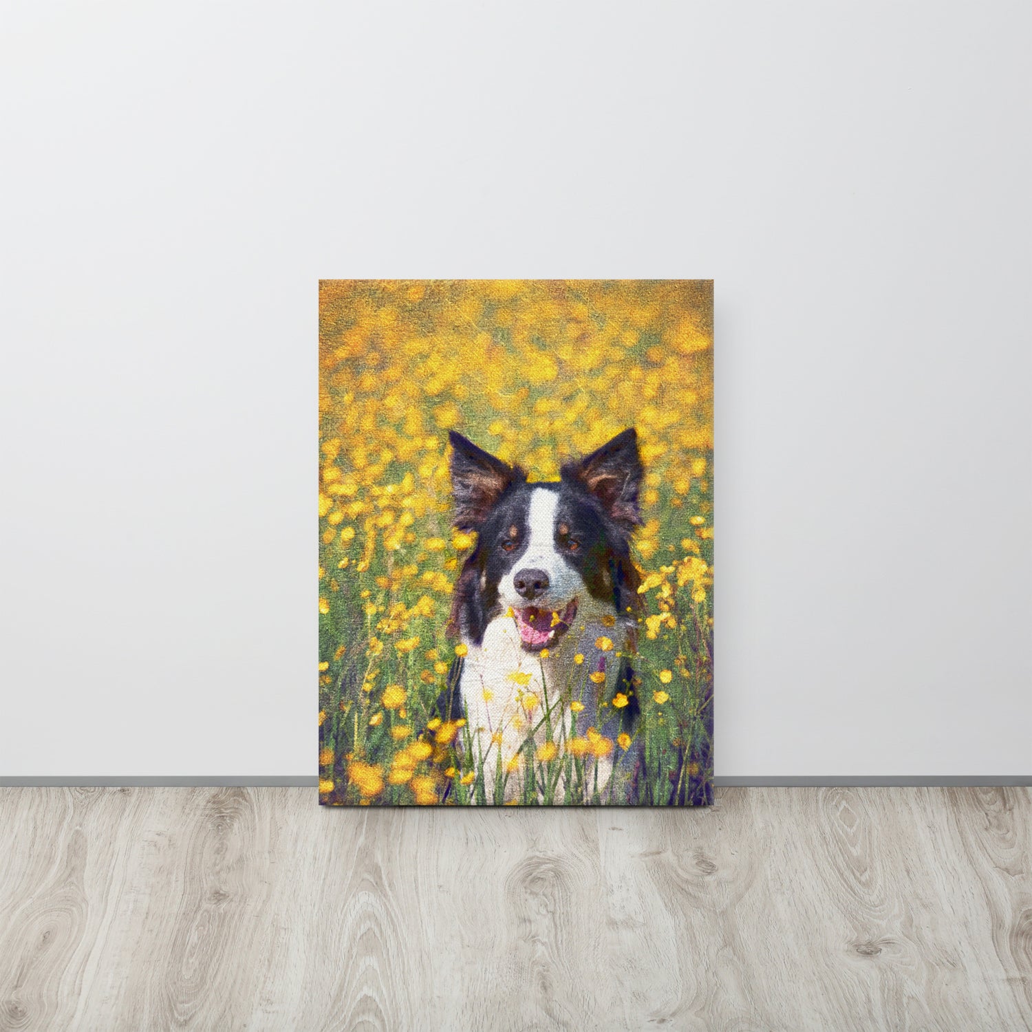 Custom pet portrait photo transformed into oil painting style canvas print pet lover gift - room mockup