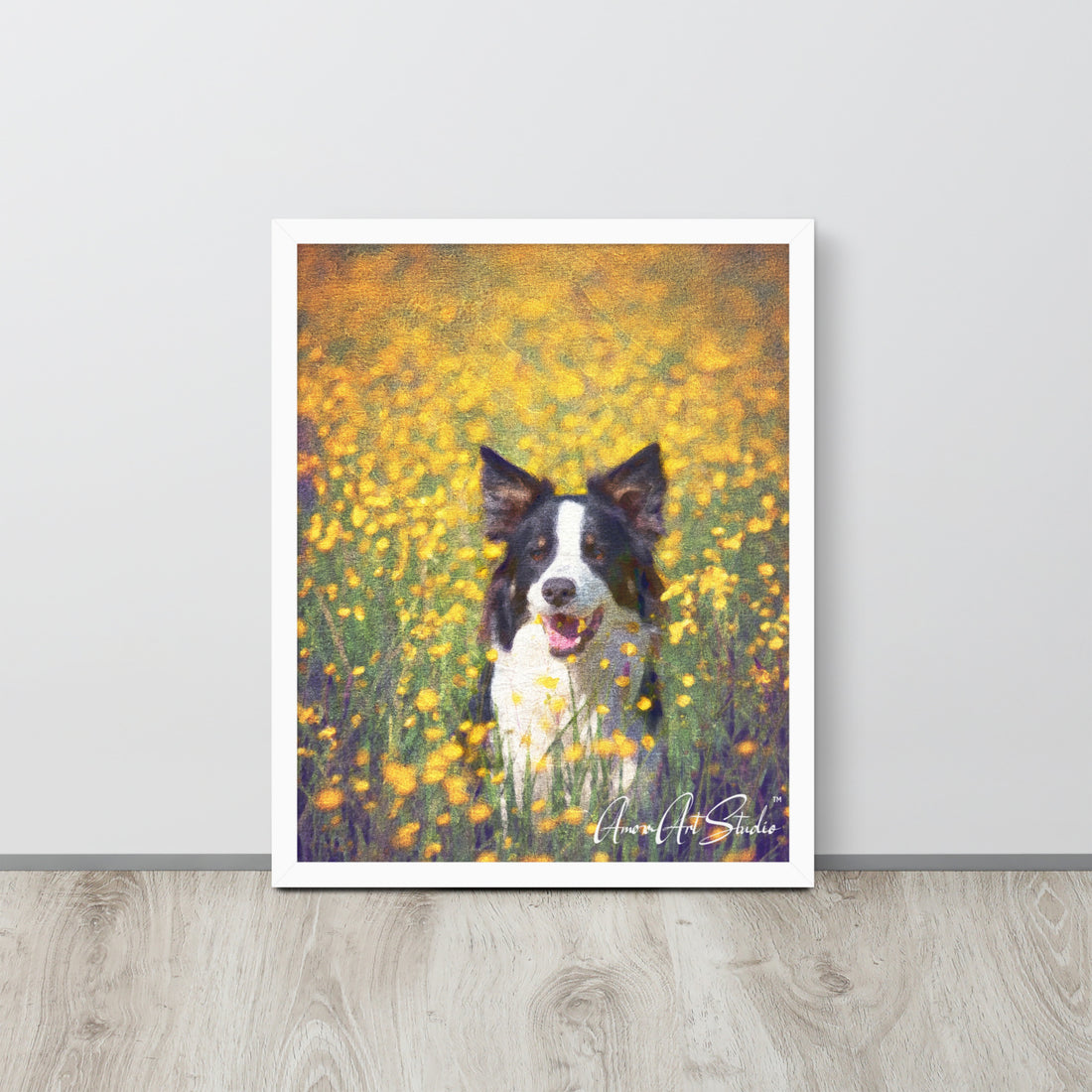 Custom pet portrait transformed into oil painting style framed poster print pet lover gift - room mockup