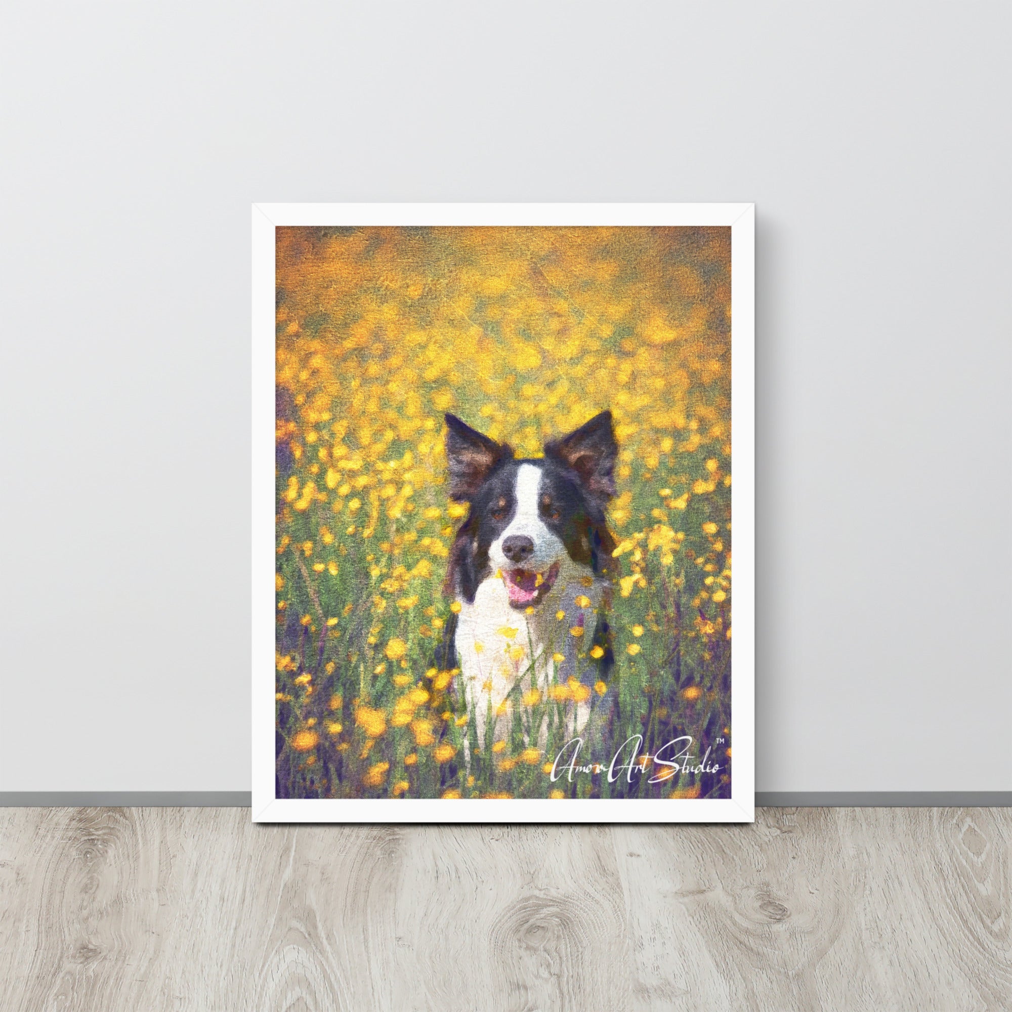 Custom pet portrait transformed into oil painting style framed poster print pet lover gift - room mockup