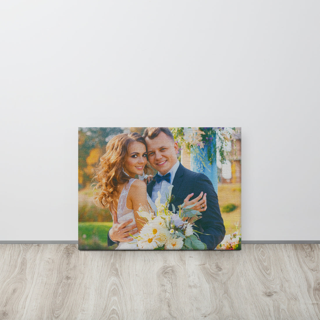 Custom wedding photo transformed into oil painting style canvas print anniversary gift - room mockup